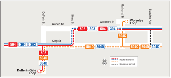 Map showing replacement bus route and streetcar detour route on King Street West between Bathurst Street and Spadina Avenue