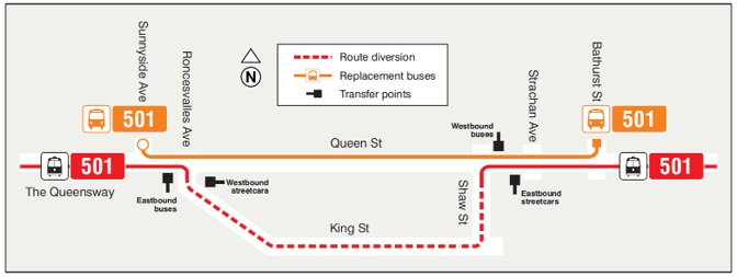 Map Showing TTC Service Impacts Between Sunnyside Loop to Wolseley Loop