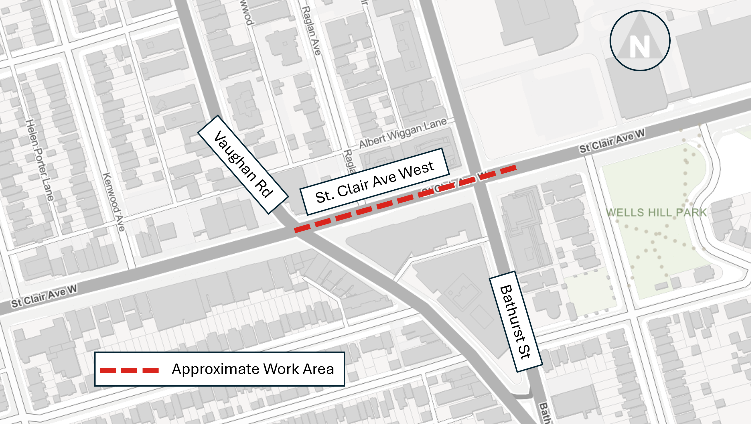 Map showing approximate work area on St. Clair Ave West from Vaughan Rd to Bathurst St