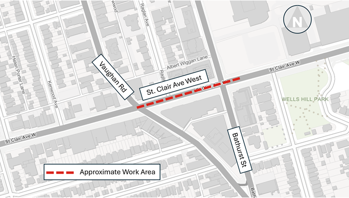 Map showing approximate work area on St. Clair Ave West from Vaughan Rd to Bathurst St