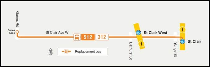 Map showing replacement buses along St Clair Ave
