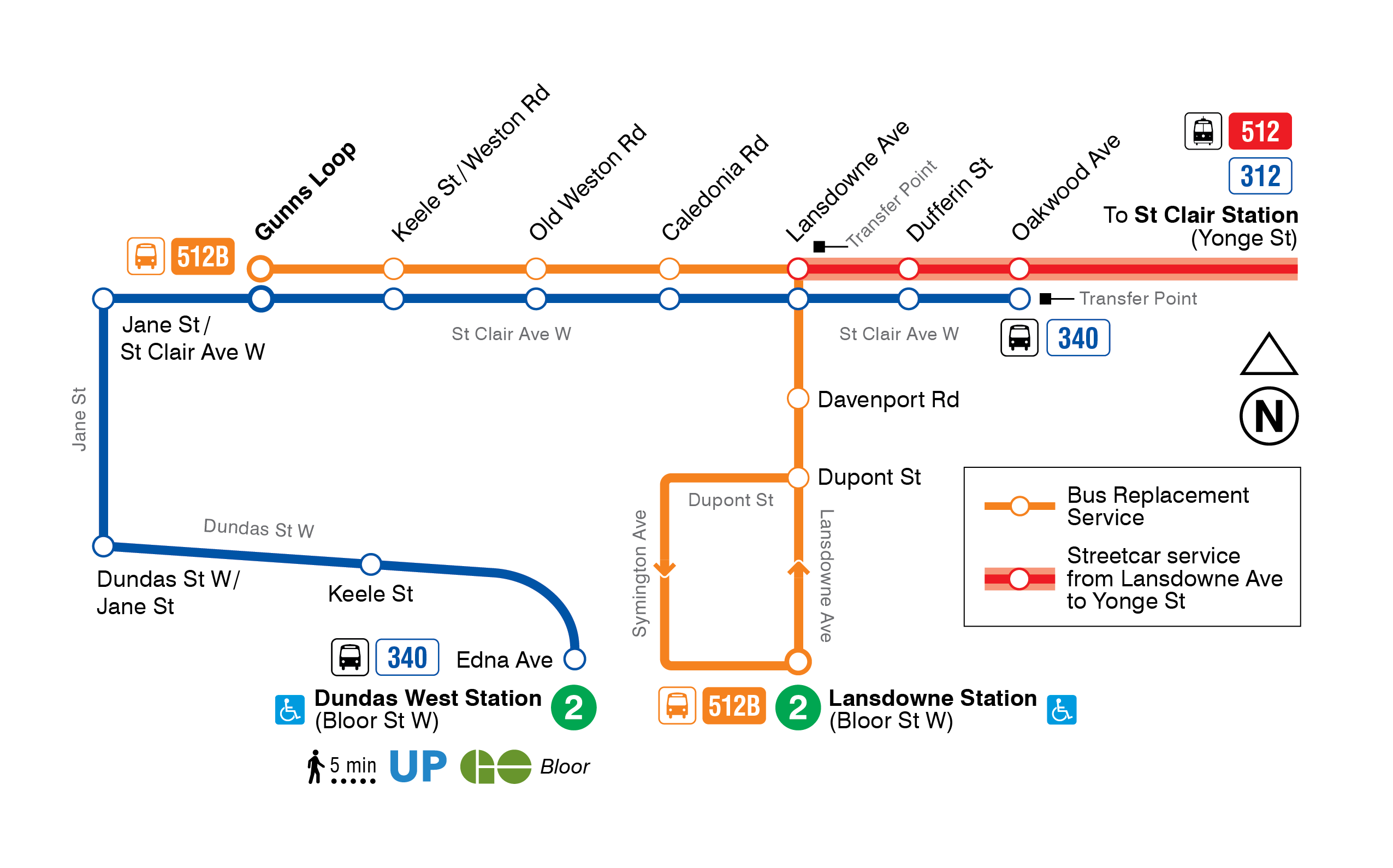 Map showing 512 and 312 service adjustments and replacement bus routing