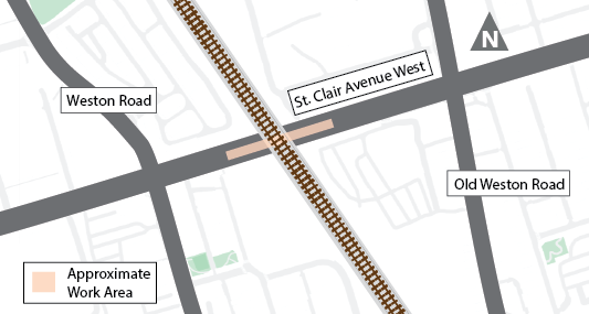 Map showing TTC overhead work area located in the centre lanes on St Clair Avenue West between Weston Road and Old Weston Road