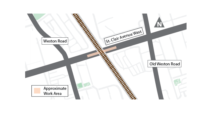 Map showing TTC overhead work area located in the centre lanes on St Clair Avenue West between Weston Road and Old Weston Road