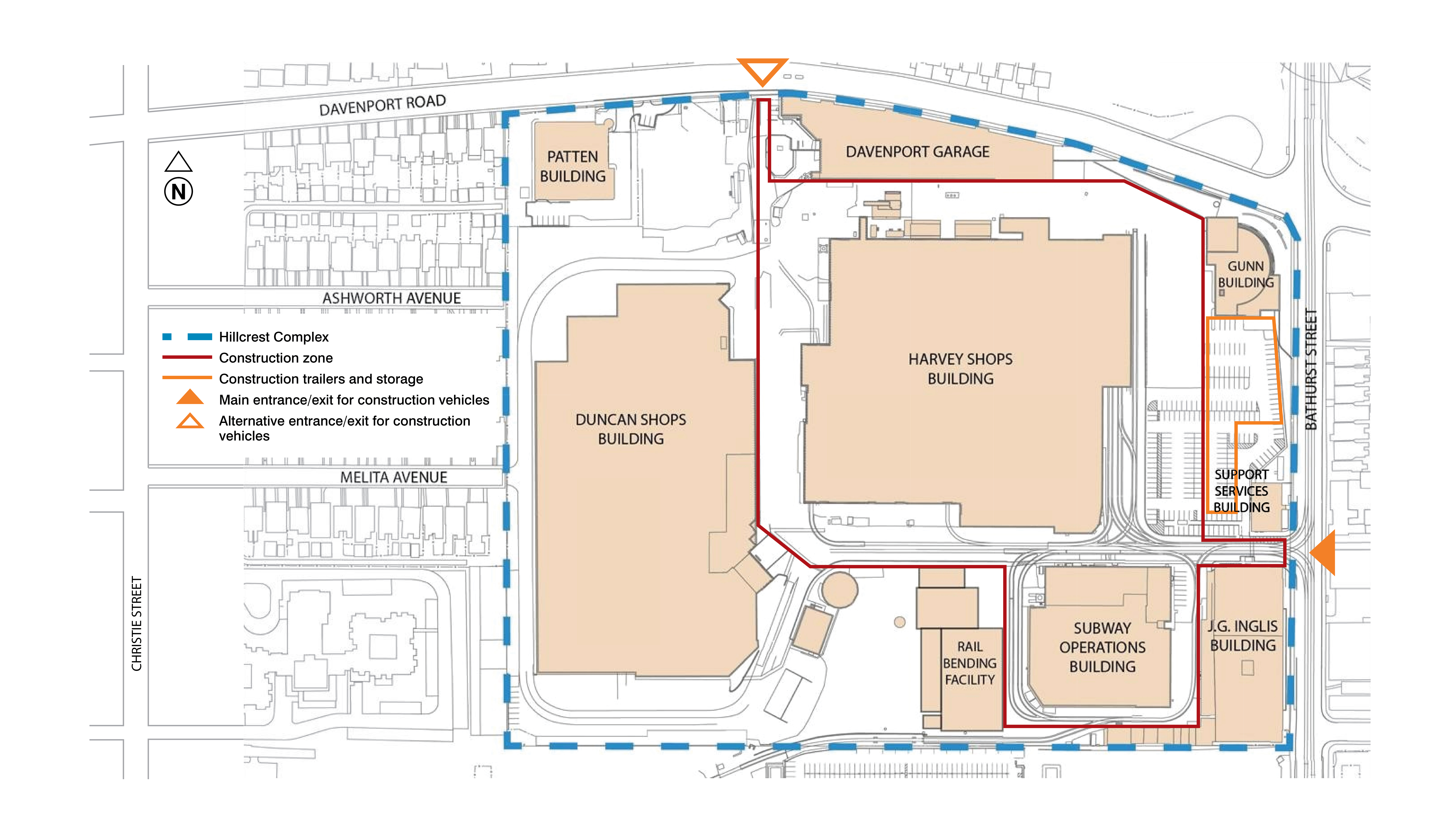 Construction zone, trailer and storage area, and construction vehicles' entrance/exit points