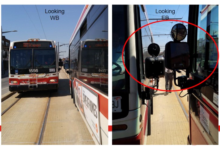 image showing that the narrow lane width, overhead poles, and raised curb heights do not permit safe bus service. 