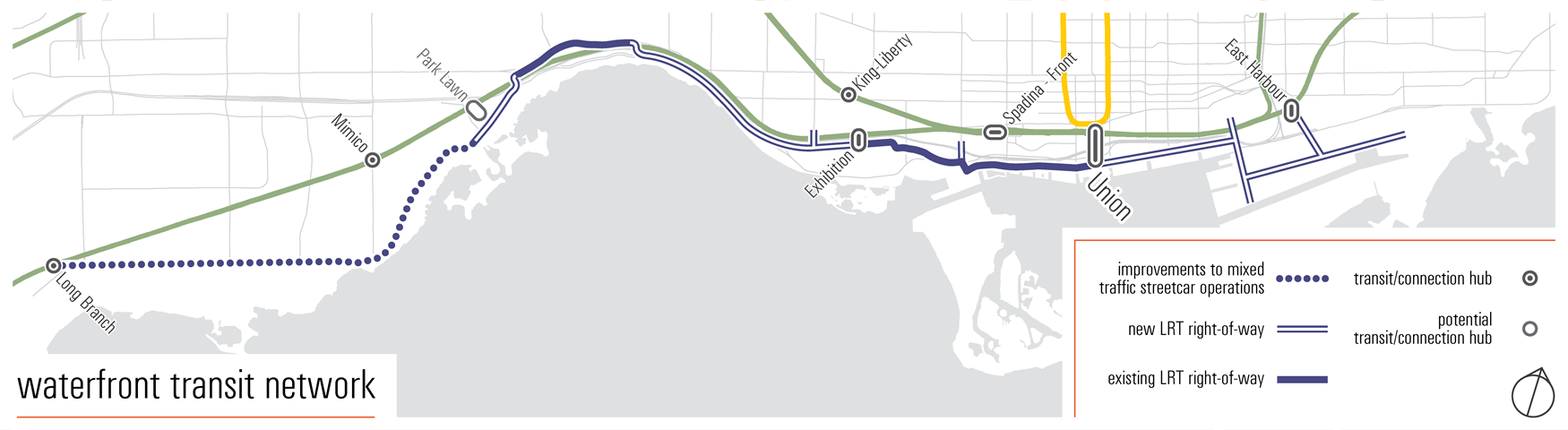 Waterfront transit map. The new transit will connect Long Branch across the waterfront to Union then east to East Harbour