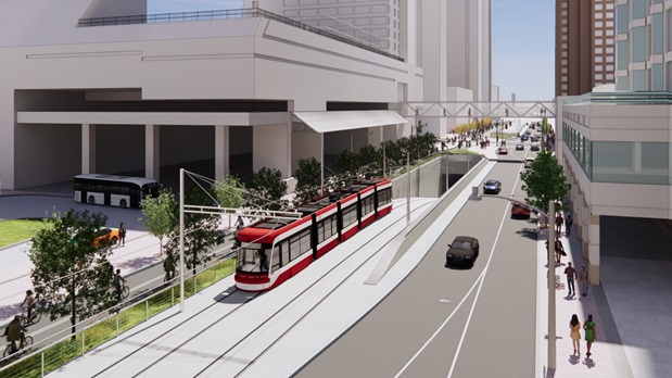 Artist’s rendering of the new east tunnel portal on Queens Quay, west of Yonge Street (view looking west). Design subject to change.