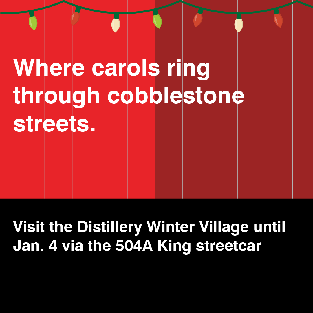 Red subway wall with the text Where carols ring through cobblestone streets