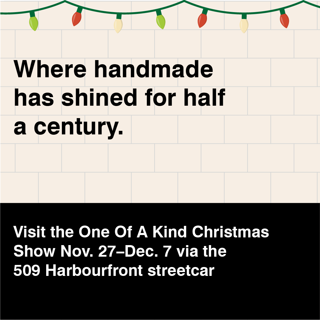 Beige subway wall with text Where handmade has shined for half a century