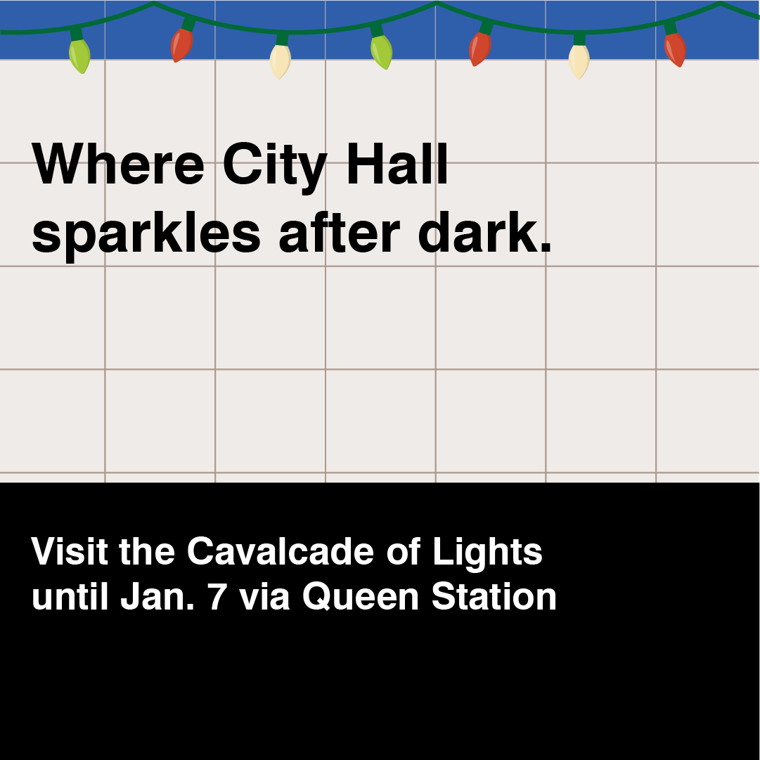 Green subway wall with text Where City Hall sparkles after dark