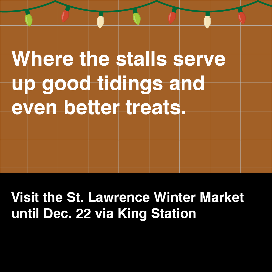 Brown subway wall with text Where the stalls serve up good tidings and even better treats