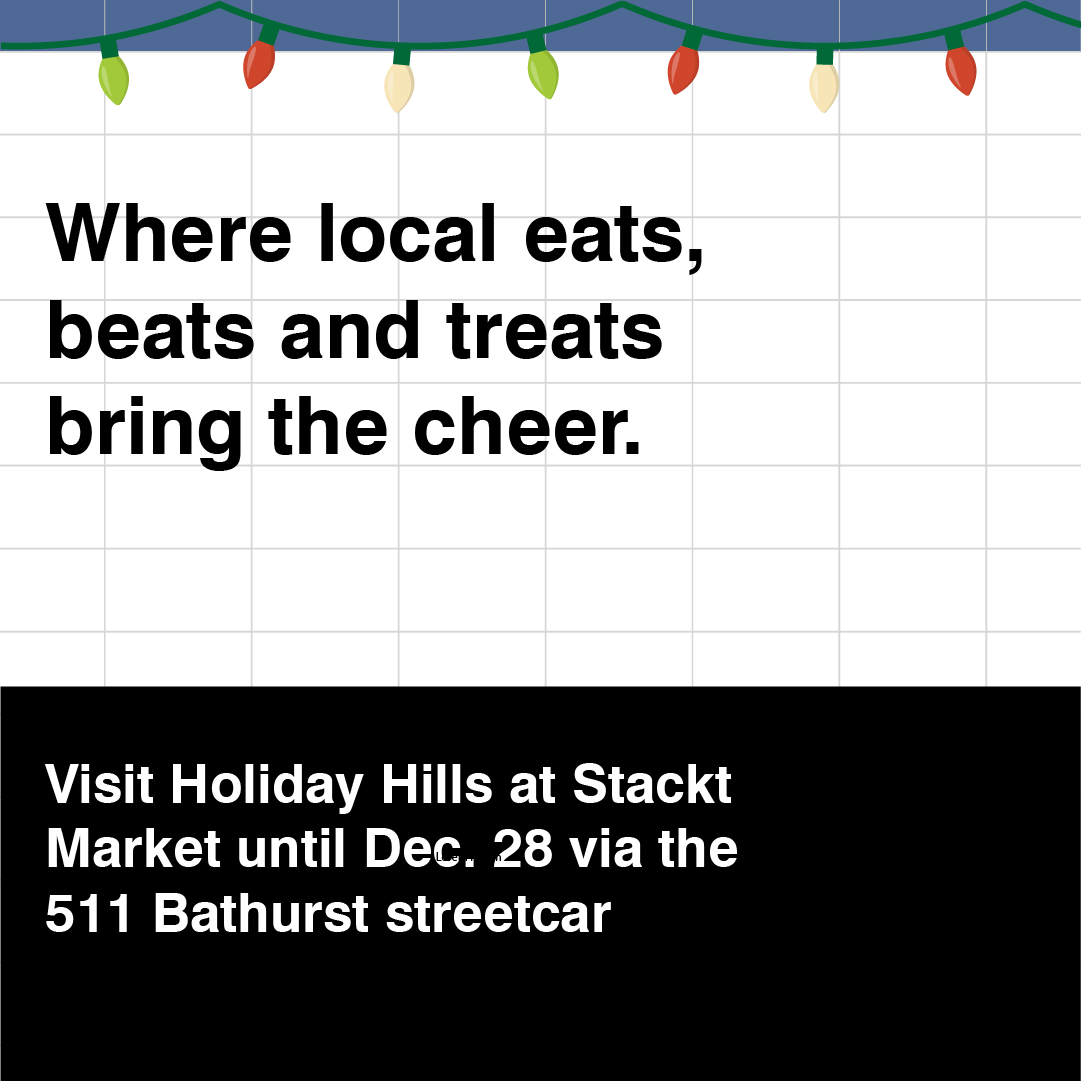 White subway wall with text Where local eats, beats and treats bring the cheer