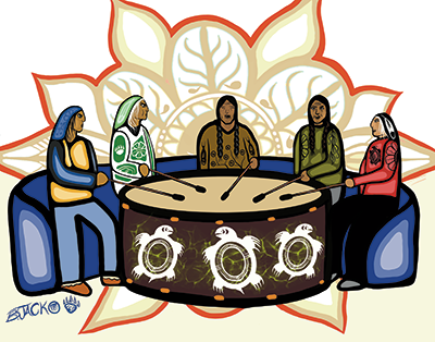 Five figures sitting around a drum