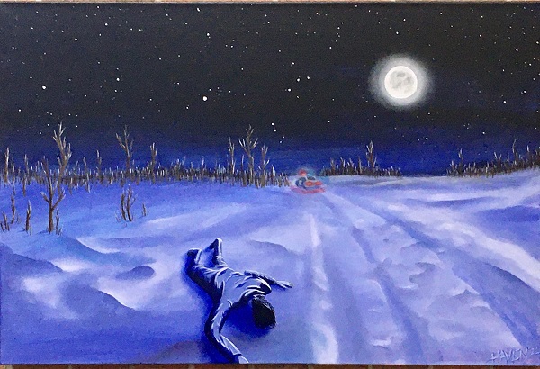 Man lying face down in the snow at night