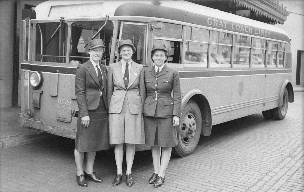 City of Toronto Archives/TTC Fonds 16, Series 71, Item 14472. First three women bus drivers to qualify with the Toronto Transportation Commission Mrs. McCutcheon, Mrs. Wilkinson, and Mrs. Martin, August 5, 1943