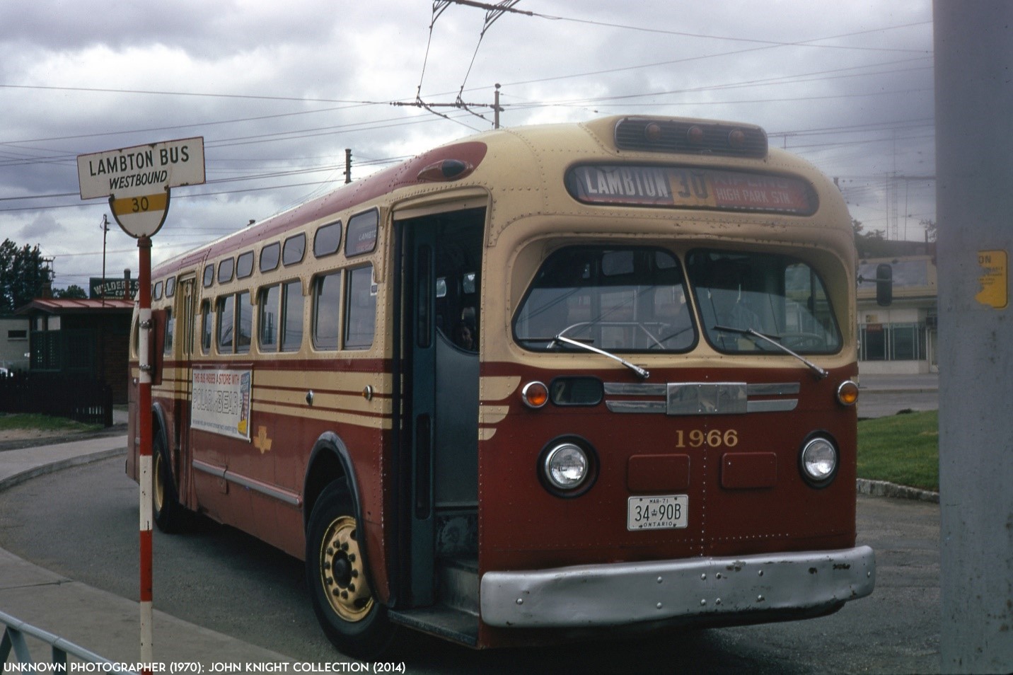 TTC GM "Old Look" bus #1966 pulls through Runnymede loop, westbound in service on 30 LAMBTON in this July 1970 shot. The photographer is unknown and the image is from the John Knight collection, donated by Pete Coulman.
