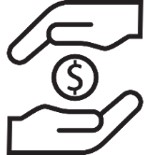 Pictogram of two hands dropping a coin between them