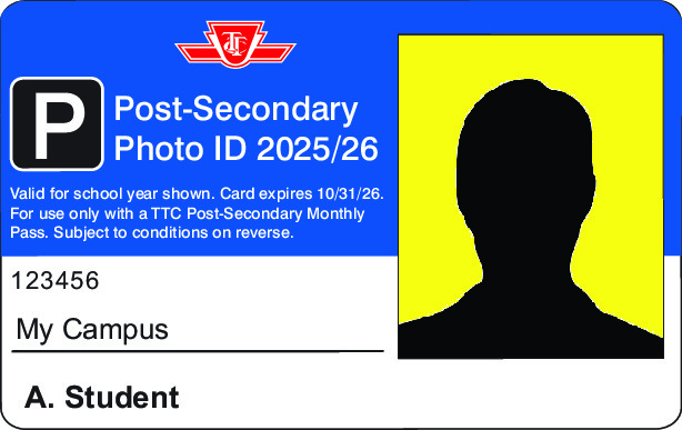 A sample graphic of the Post-Secondary Photo ID Card for 2025 and 2026. It has a space for a photo and fields for the school and student names.