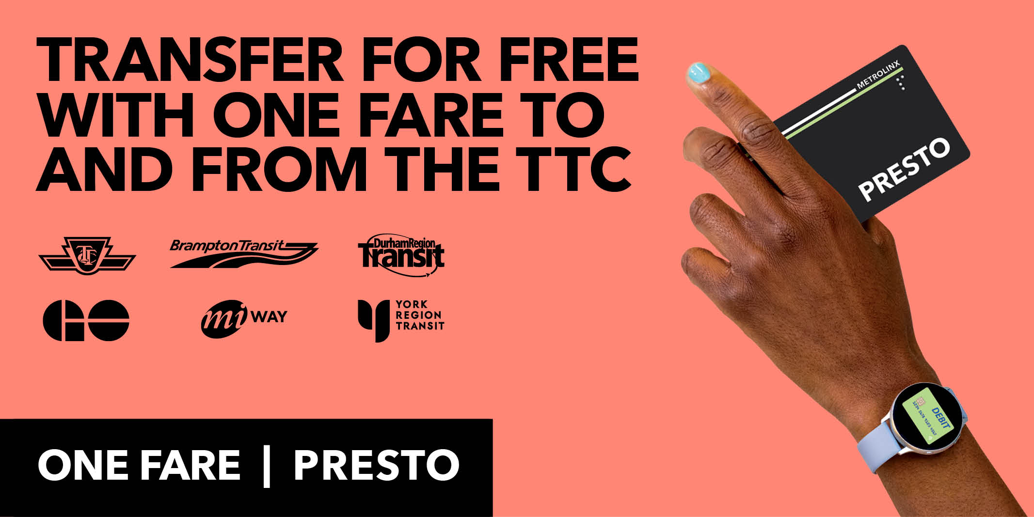 Hand holding a PRESTO Card with the caption: Transfer for Free with One Fare to and from the TTC