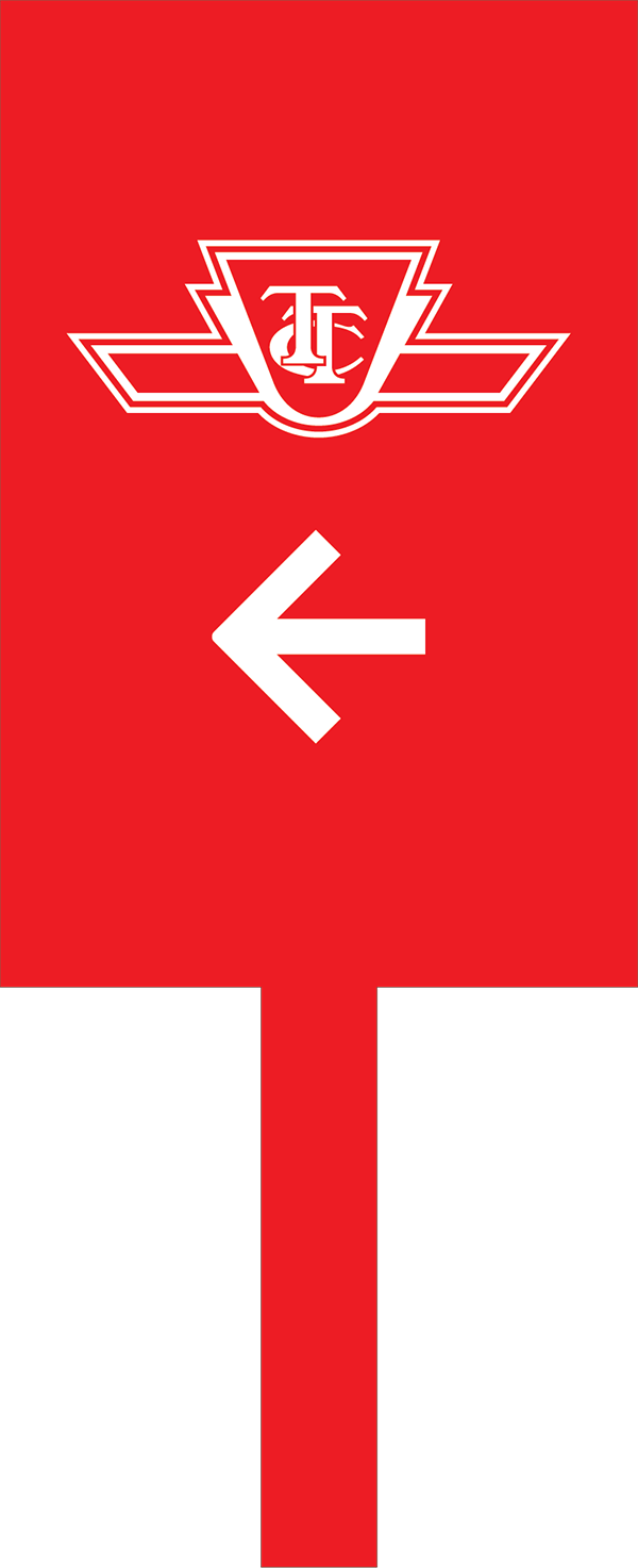 Red paddle with a TTC logo and a left pointing arrow