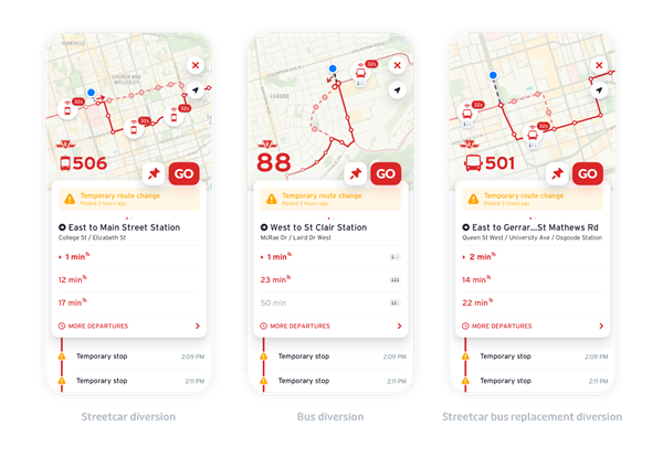 Three screen shots of the app on a phone