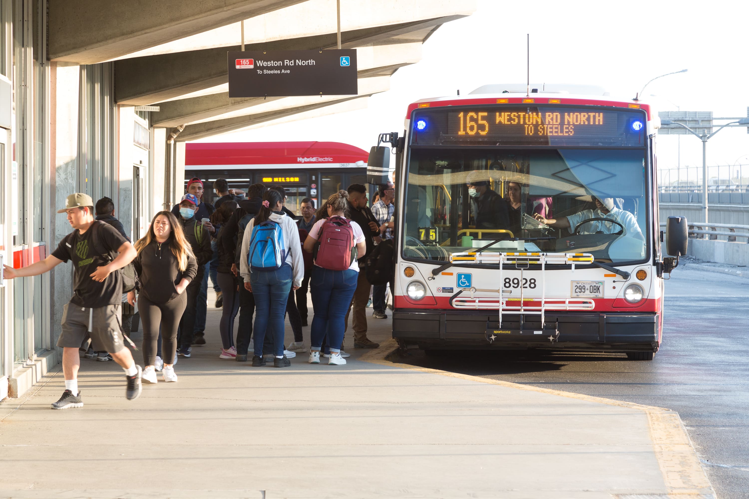 Customers on an outdoor platform boarding a red and white 165 Weston Road North TTC bus.