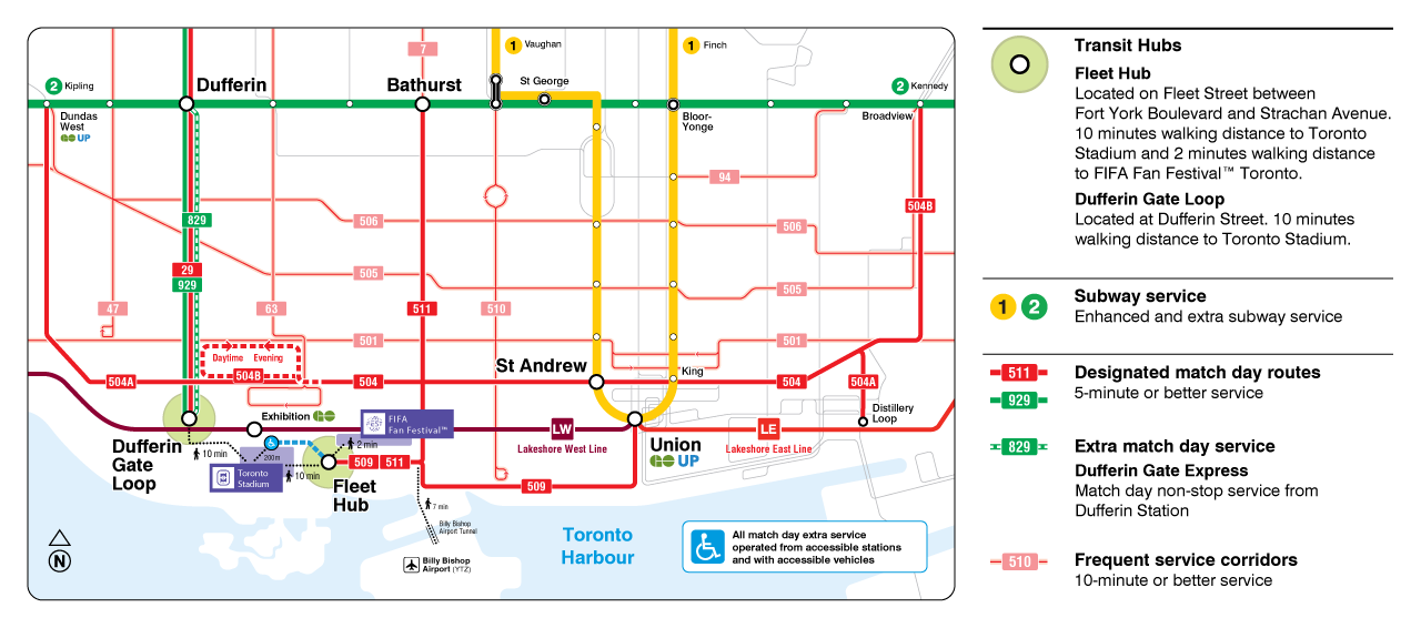 The TTC's expanded and enhanced map for FIFA World Cup 2026™ showing routes around Toronto Stadium and the FIFA Fan Festival™