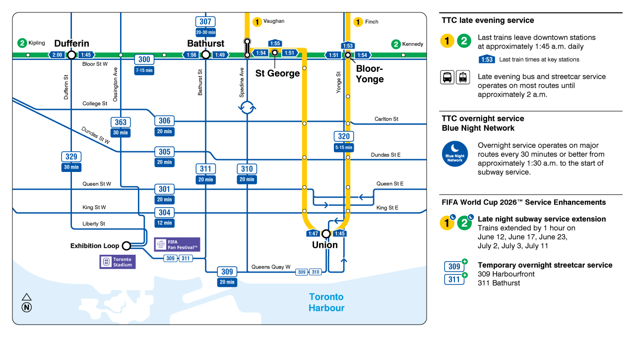 A map of the TTC's expanded and enhanced late evening and Blue Night Network overnight service for FIFA World Cup 2026™