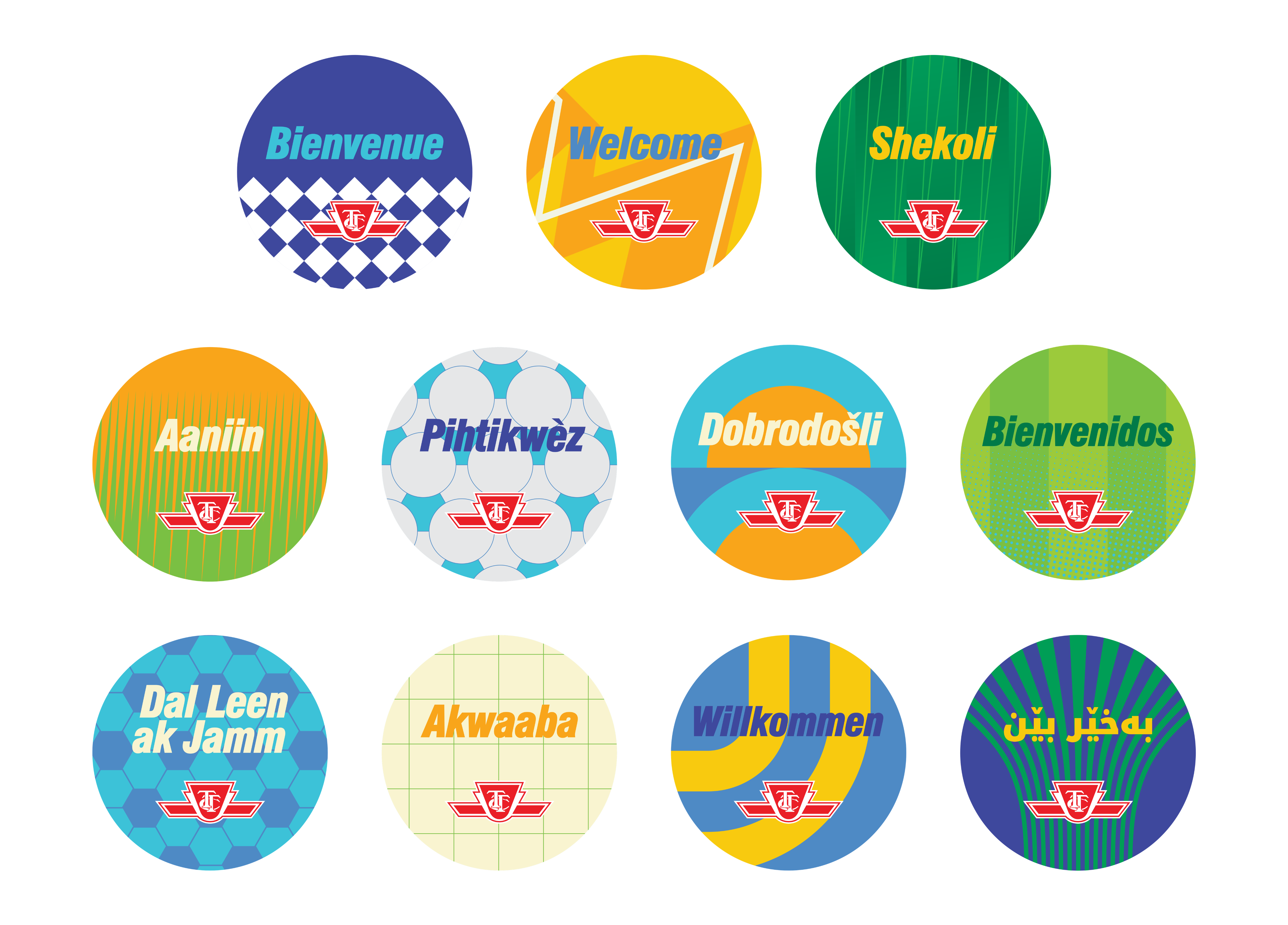 11 colourful buttons with the word 