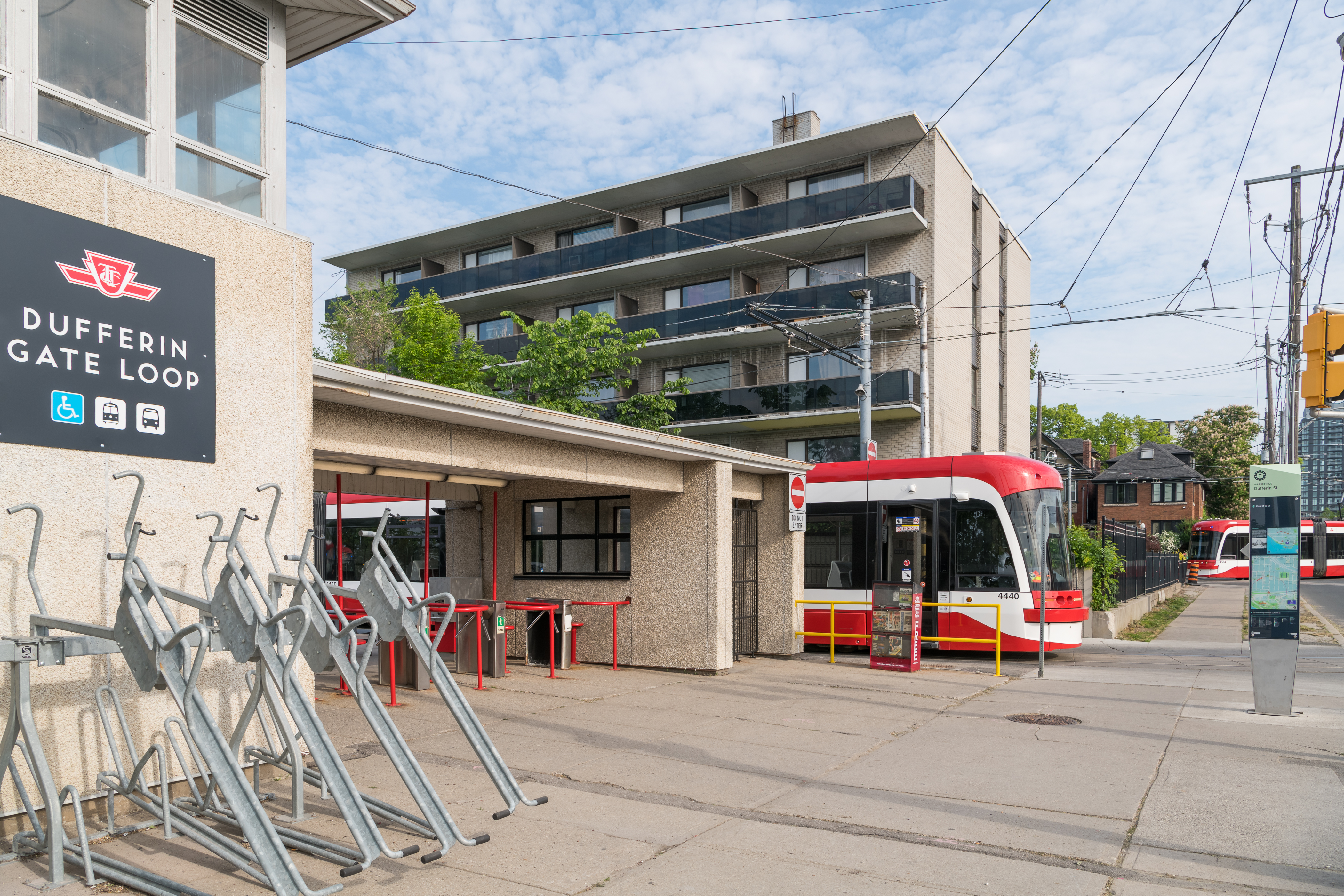 Exterior of Dufferin Gate Loop with a TTC streetcar pulling out