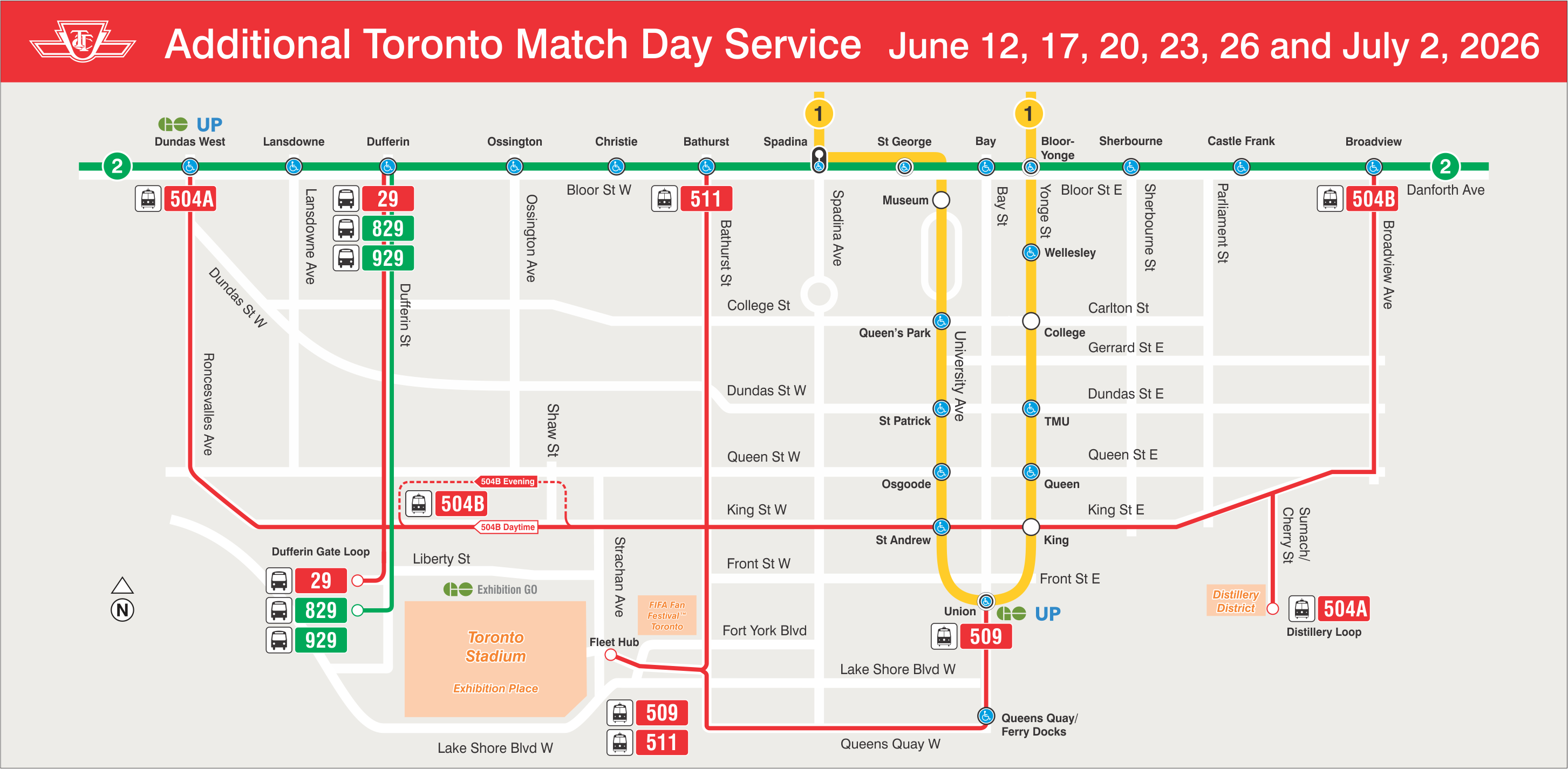 The TTC's Additional Toronto Match Day Service map for June 12, 17, 20, 23, 26 and July 2, 2026 showing service routes