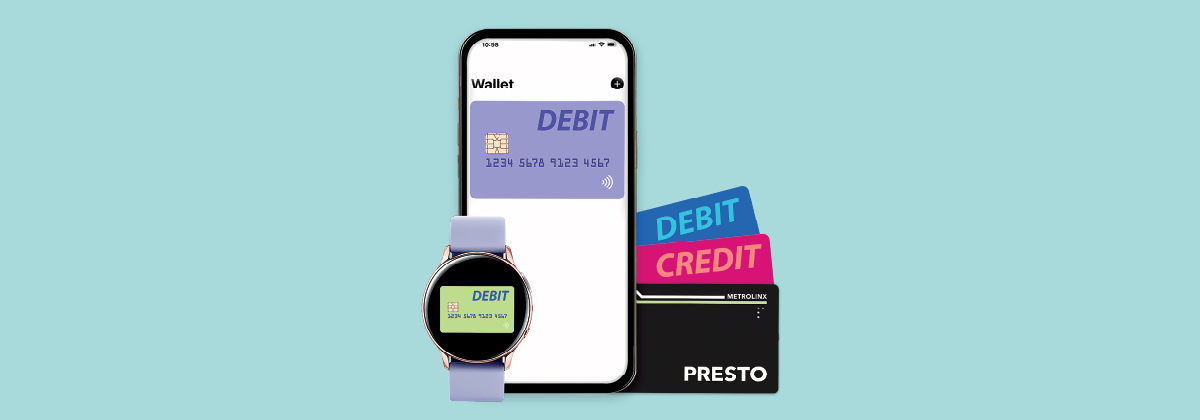 A smartphone with a mobile wallet on the screen showing a debit card, a smartwatch with a mobile wallet on the screen showing a debit card, a debit card, a credit card and a PRESTO card.
