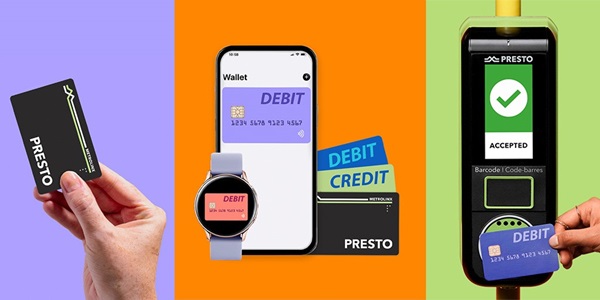 Three images of different ways of paying your fair with debit, credit or PRESTO cards