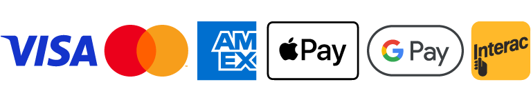 Payment logos: Visa, Mastercard, American Express, Apple Pay, Google Pay and Interac
