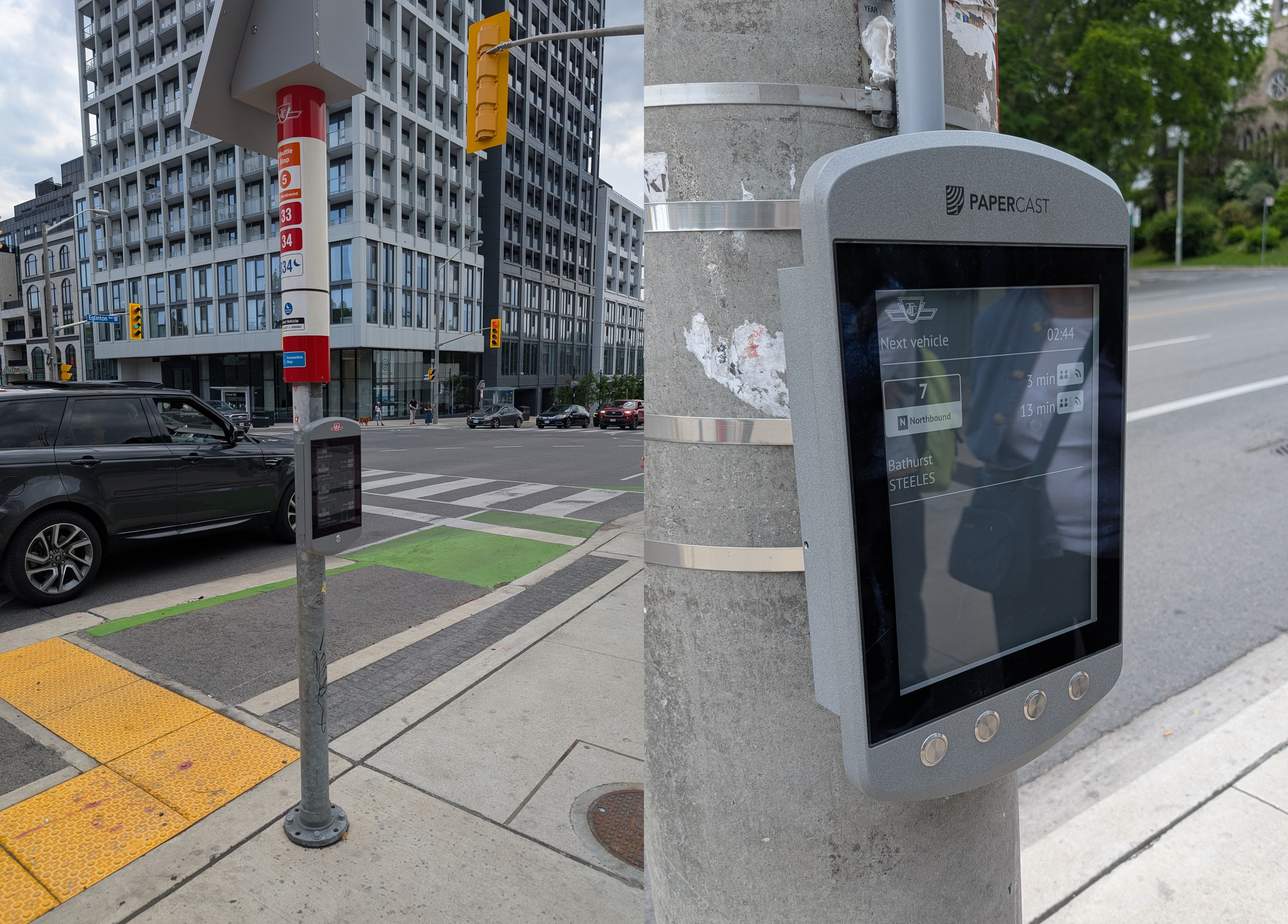 Two photos of a grey ePaper screen attached to a TTC bus stop pole. The screen is displaying arrival times for a bus.