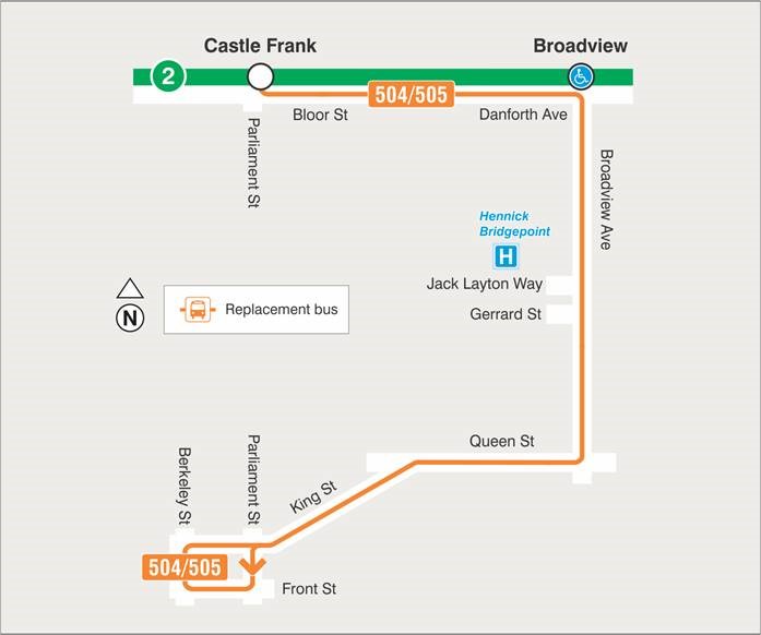 Map of 504/505 King/Dundas replacement bus service 