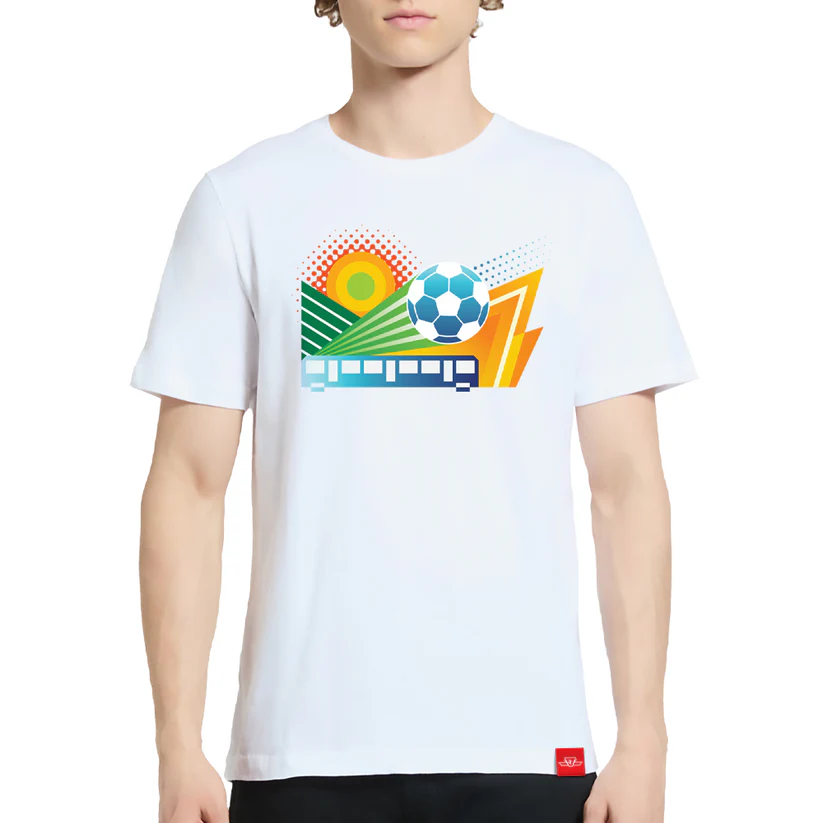 Person in a white t-shirt with colourful graphics of a sun, soccer ball and TTC streetcar