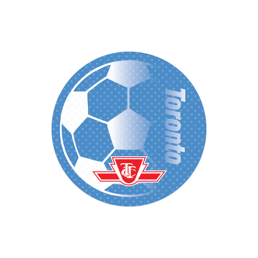A blue and white circular sticker with a soccer ball graphic, the red and white TTC logo and the word "Toronto"