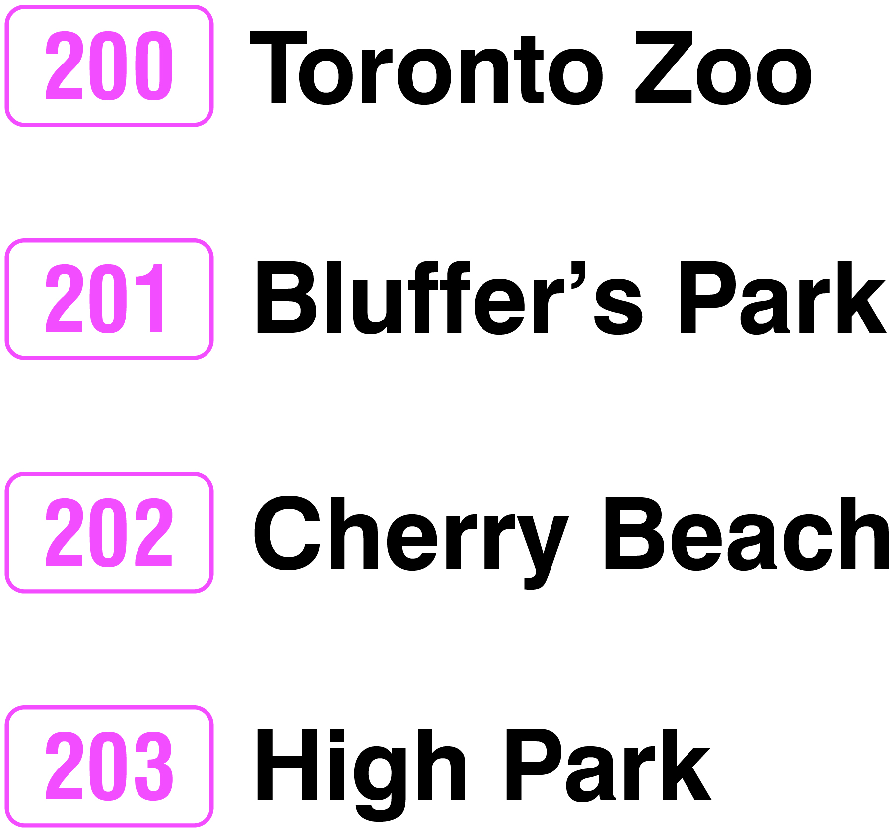 Customers can easily identify the seasonal routes which features white and pink branding. This image shows the branding for 200 Toronto Zoo, 201 Bluffer's Park, 202 Cherry Beach and 203 High Park. 