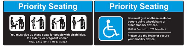 Priority Seating decals with black and white icons showing seniors, individuals who use mobility or assistive devices and who are pregnant, and a blue and white wheelchair icon.