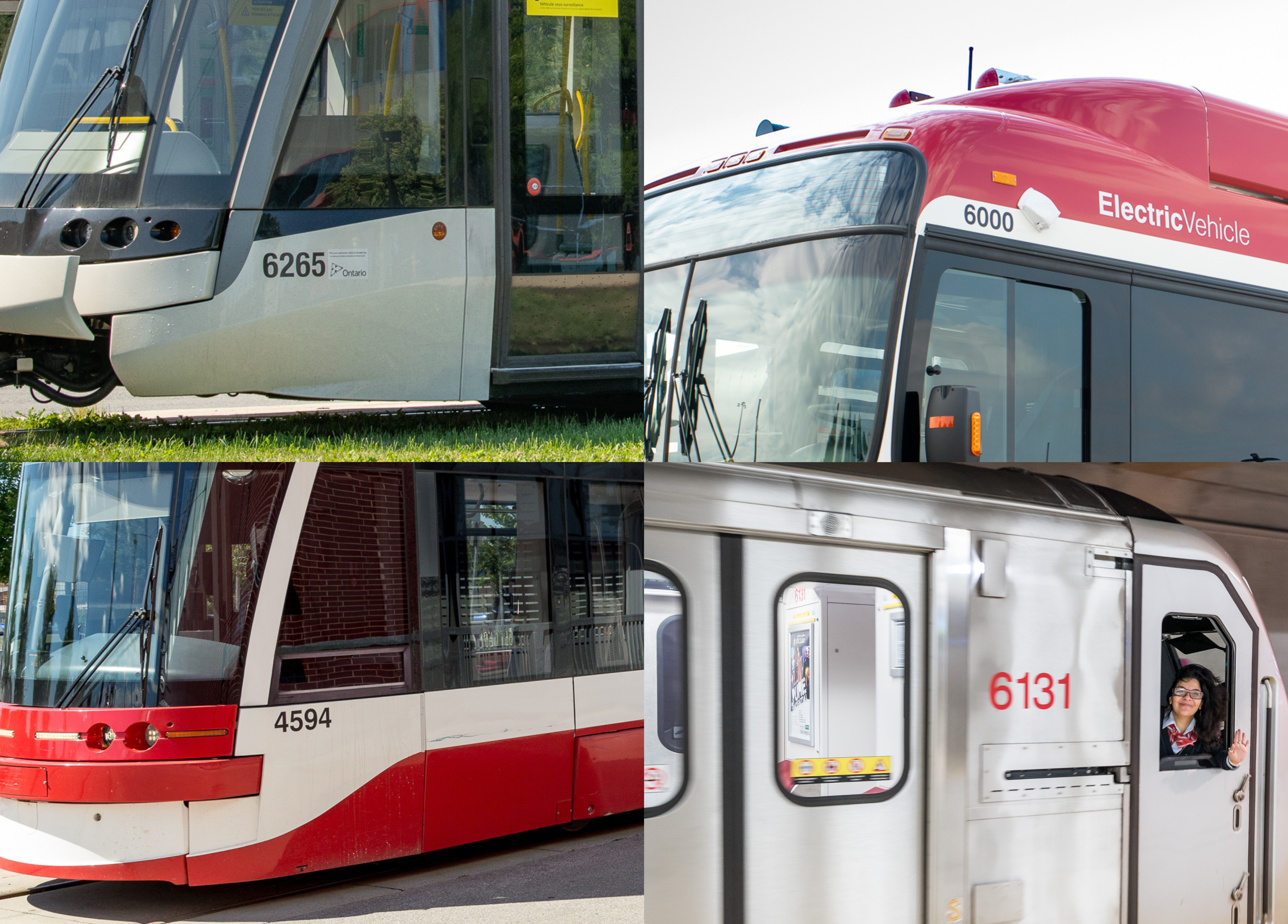Exterior shots of a TTC LRT train, bus, streetcar and subway train showing the 4-digit vehicle numbers.