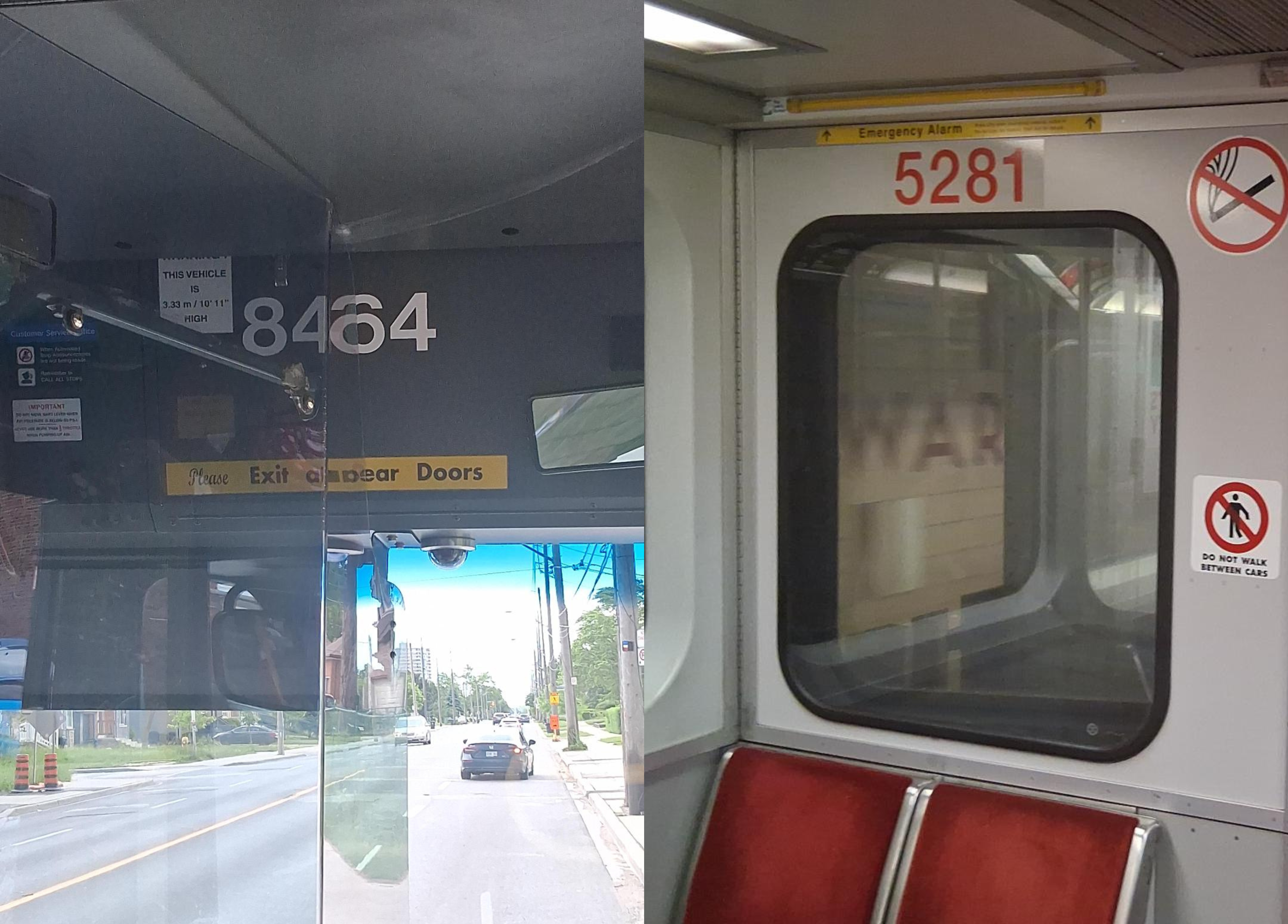 Interior shots of a TTC bus and subway train showing the 4-digit vehicle numbers.