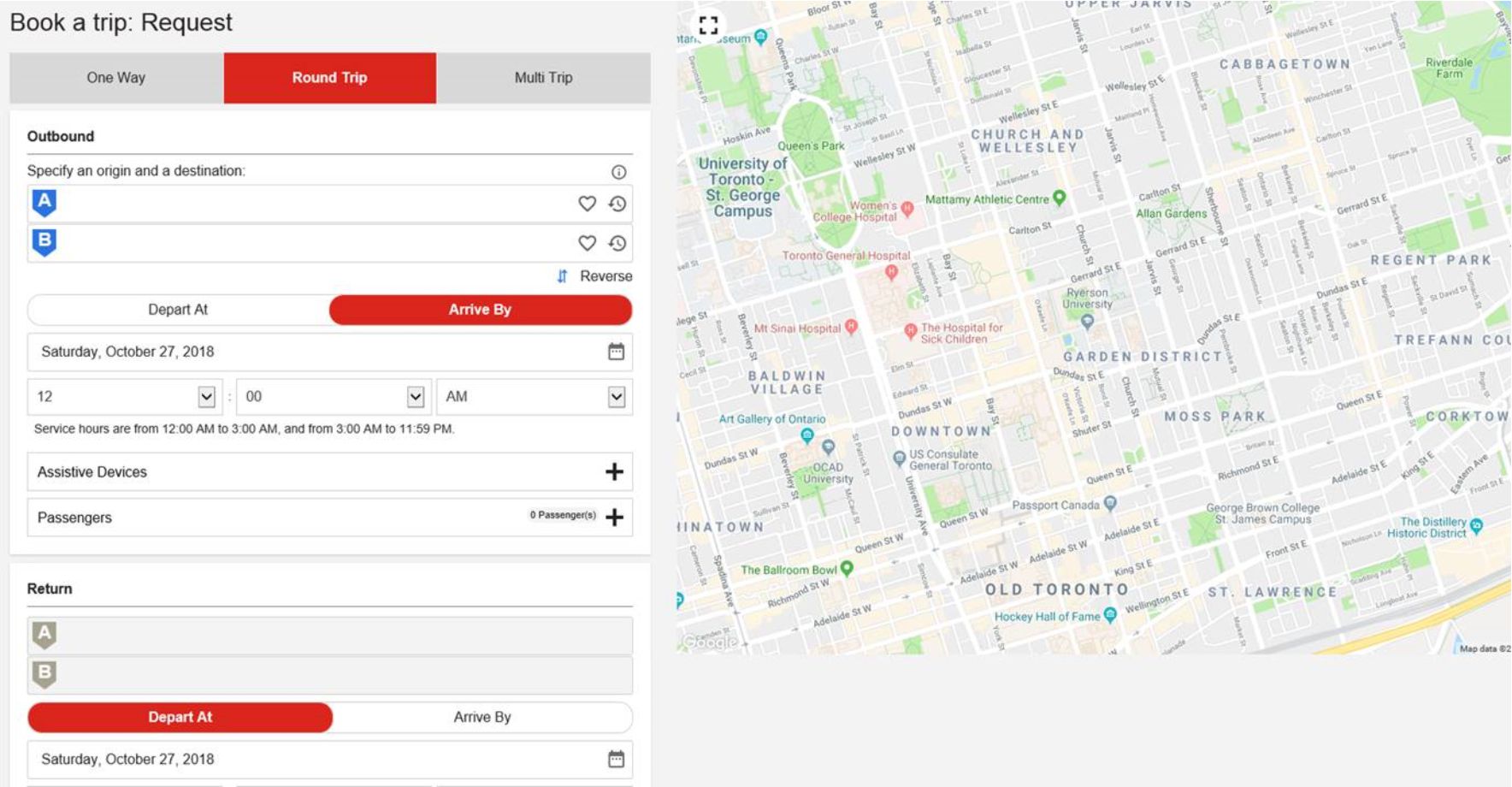new booking screen with detail section on left and map on right 