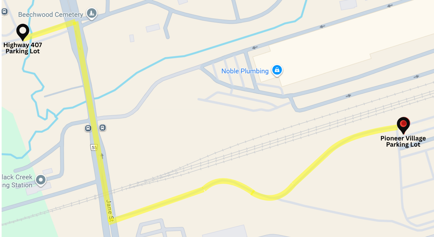 Map of Pioneer Village station parking lot at 100 Settler Road