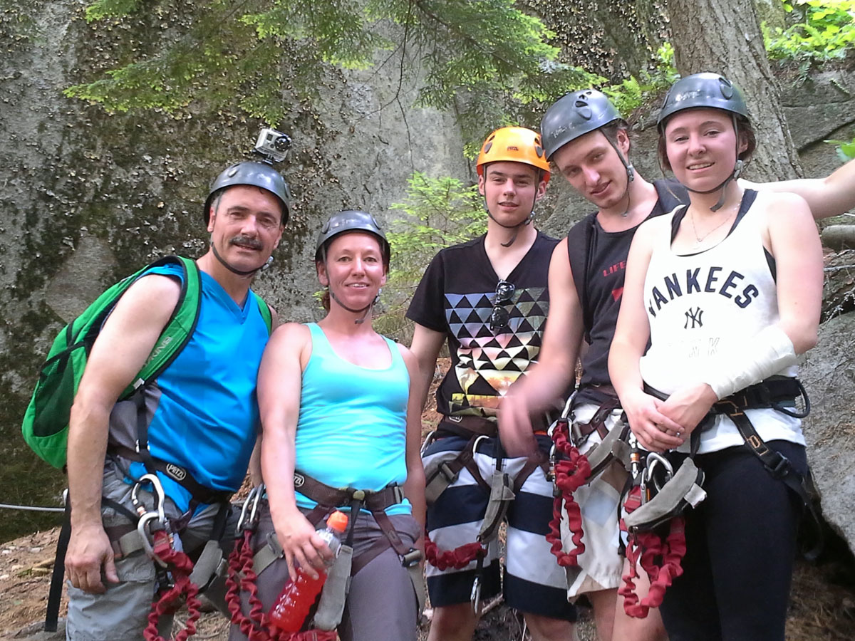 Family photo at our Via Farrata adventure at Mount Tremblant National Park. Photo courtesy Marc Girard