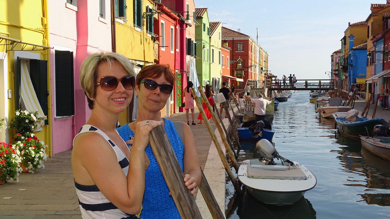 With my daughter, Raluca, on Burano Island, Venice, Italy  famous for lace and coloured houses. Photo courtesy Daniela Serban