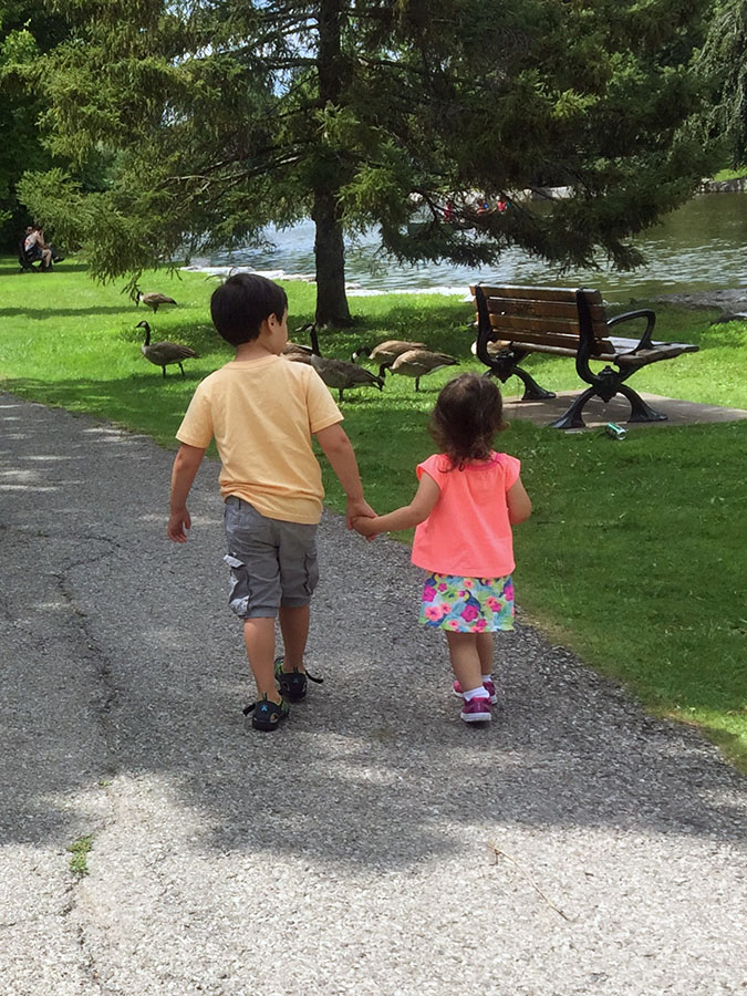 Children, Devin and Sydney, on a walk at Victoria Park in Kitchener. Photo courtesy Deanna Brown