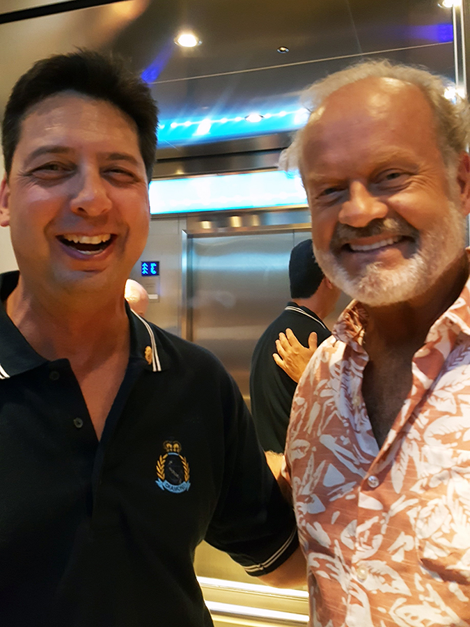 On board Harmony of the Seas. Met Kelsey Grammar who is a gentleman and a scholar! And had the honor of being an extra in his film. Photo courtesy Gary Juhasz