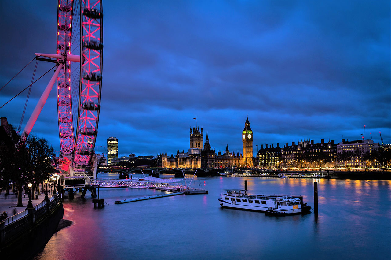 London Eye, River Thames and Big Ben, in London, England. Photo courtesy Salek Seraj